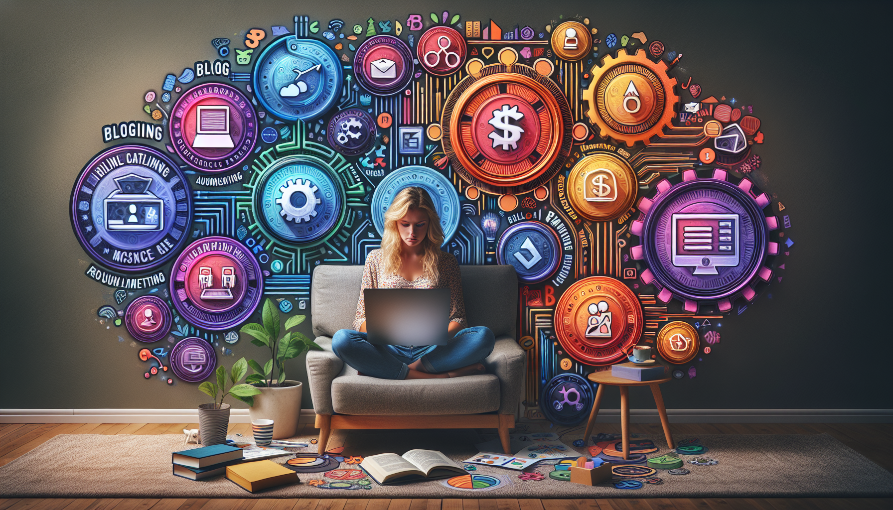 Create an image portraying passive income streams through various online activities. Show a person sitting comfortably at home with a laptop, surrounded by icons representing blogging, affiliate marketing, and online courses. Include a flowchart or guide overlay that visually explains how to set up these passive income sources, along with icons of tools and resources for automation and optimization. The overall scene should communicate ease, efficiency, and the potential for maximum earnings with minimal daily effort.