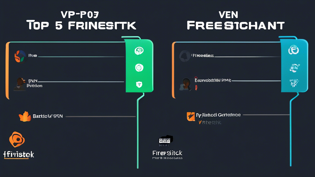 An image illustrating a comparison chart of the top 5 free VPNs for Firestick. The chart should highlight key aspects like user-friendliness, compatibility, speed, bandwidth, and performance. Each VPN should be visually represented with icons or small graphics, alongside brief descriptions and ratings. The Firestick device should be prominently featured in the image, showing its compatibility with these VPNs. A clean, modern design with clear, readable fonts and a neutral background would enhance the professional look of the comparison.