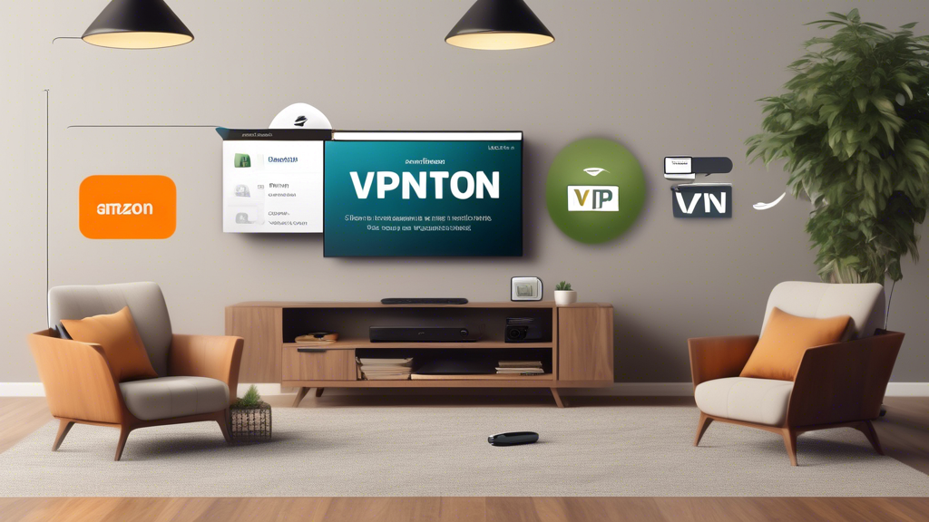 Create an image of a step-by-step guide showing the installation and configuration of a free VPN on an Amazon Firestick. Include detailed visual elements such as the Firestick interface, icons for settings, Wi-Fi connection, VPN selection, and step sequences with arrows guiding through each step. The background should feature a cozy living room setting with a television, couch, and a Firestick device to convey a user-friendly and homey environment.