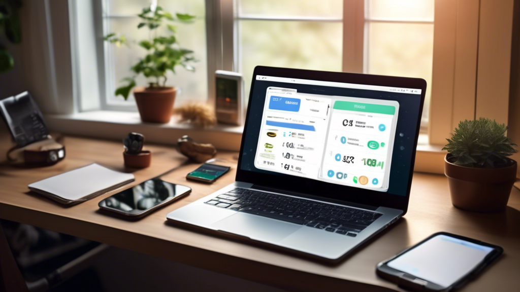 A cozy home office setting where a person is setting up their first digital wallet on a laptop screen, surrounded by various devices like a smartphone, a ledger (cold wallet), and a guidebook titled 