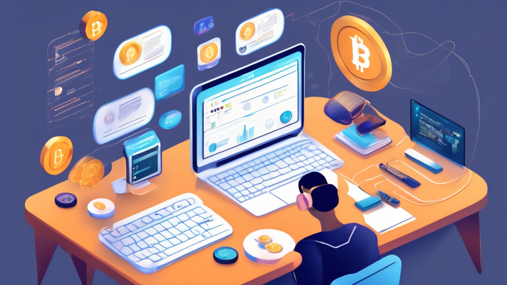 Create an image depicting various elements of customer support and educational resources in a cryptocurrency trading platform. The scene should include a live chat window with a customer service representative, an open browser on a computer displaying a cryptocurrency trading tutorial, a user browsing through a community support forum on a tablet, and educational books on cryptocurrency trading on a desk. The setting should be a modern, well-lit office with other subtle indications of a cryptocurrency theme, such as digital currency symbols and charts on a projector screen in the background.