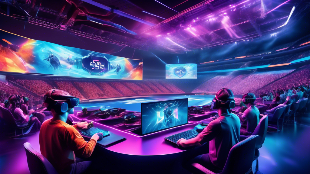 Create an image depicting the future of esports live events, highlighting the integration of emerging technologies like VR and AR, and the influence of 5G connectivity. Show a vibrant stadium filled with fans wearing VR headsets, watching a live esports competition. Include futuristic holographic displays and advanced broadcasting equipment to illustrate how these innovations are shaping the future of esports. Emphasize the excitement and modernity of the event, capturing the dynamic atmosphere of an expanding and evolving esports landscape.