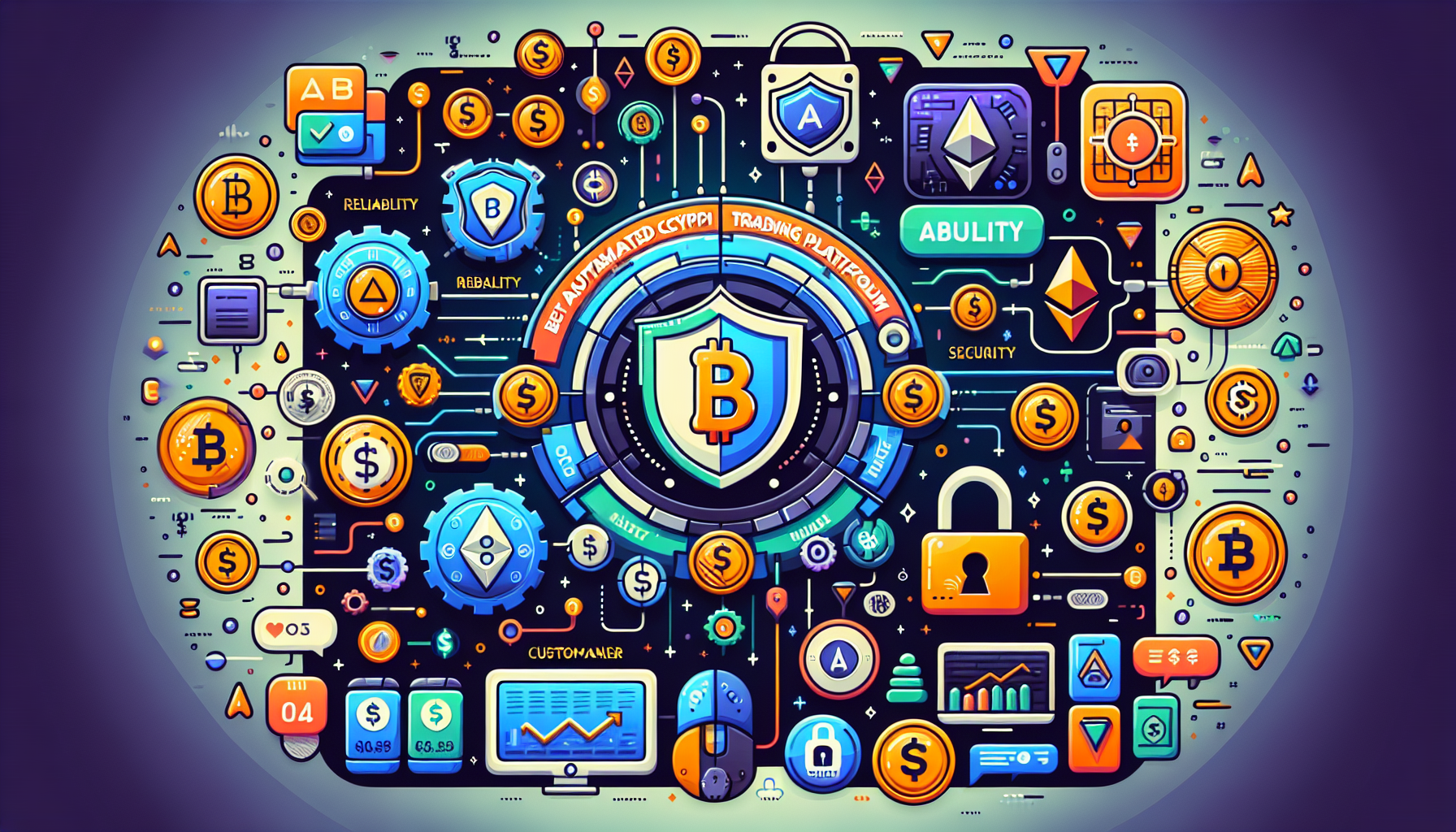 Create an image depicting the criteria for selecting the best automated crypto trading platform. The image should include visual elements representing reliability and security (like a shield or lock), supported cryptocurrencies with their recognizable symbols (Bitcoin, Ethereum, etc.), cost and fees (icons like dollar signs or coins), and a user-friendly interface (a simple, intuitive dashboard screen). Additionally, include elements indicating customer support such as a chat icon or a headset. The style should be modern and tech-savvy with a clean, professional aesthetic.