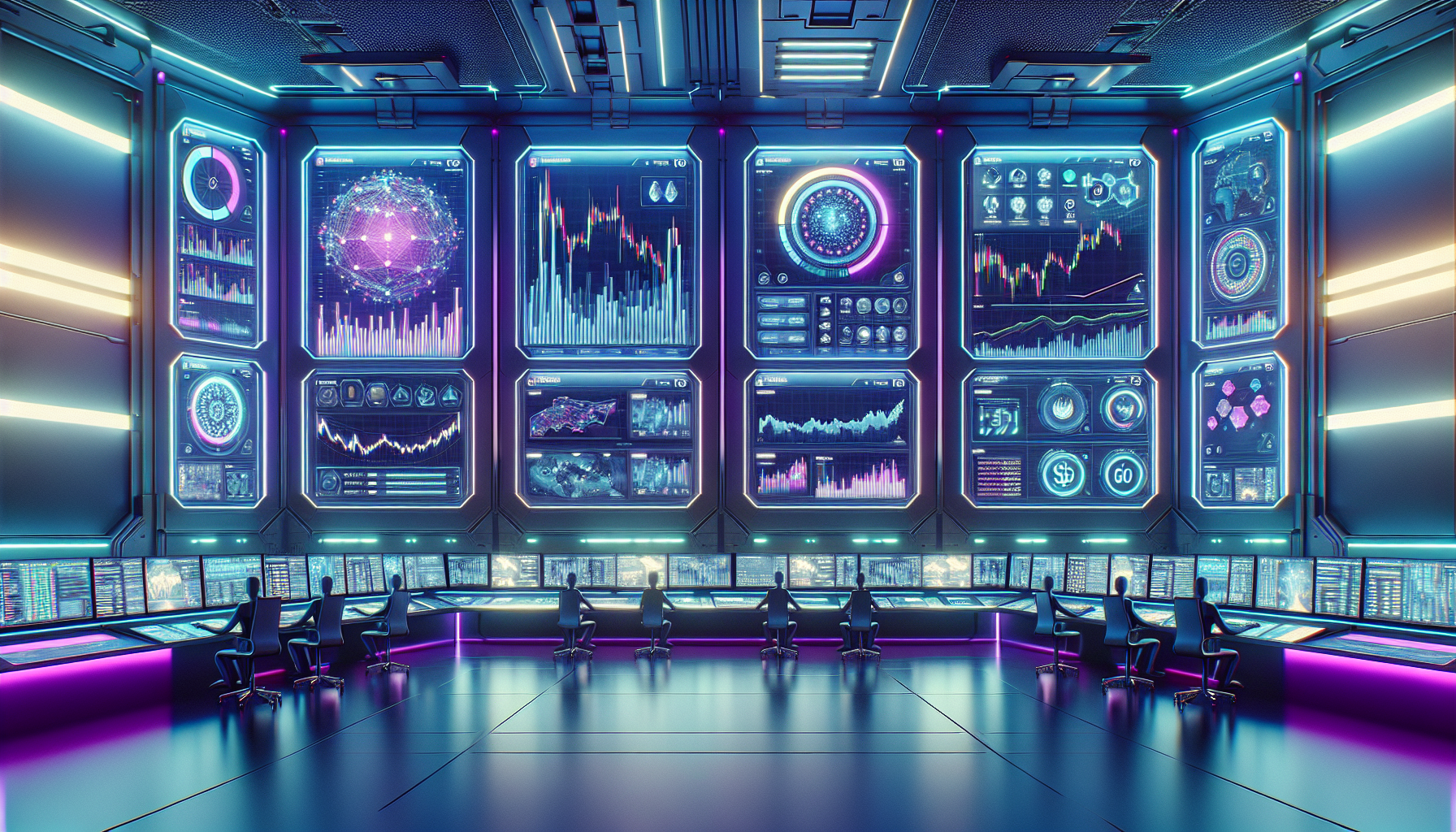 **DALL-E Prompt:** Create an image of a futuristic control room with multiple high-tech screens displaying various automated crypto trading platforms. Each screen should highlight a different platform with unique features and advantages. Include graphical charts, algorithmic trading bots, and user reviews as overlays on the screens. The overall ambiance should be sleek, modern, and technologically advanced, symbolizing the cutting-edge nature of these trading platforms.