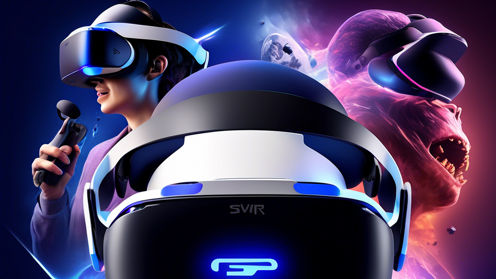 Create a highly detailed and immersive digital illustration showcasing the key features of the PSVR 1. Highlight the sleek, futuristic design of the VR headset with its high-resolution display and mention the impressive refresh rate. Show the sophisticated tracking system along with the ergonomic motion controllers in action, capturing their precision and responsiveness. Feature a selection of exclusive and popular games available for the PSVR 1, displayed on a dynamic, holographic interface. Use vibrant colors and a high-tech setting to emphasize the advanced technology and immersive virtual reality experience offered by PSVR 1.