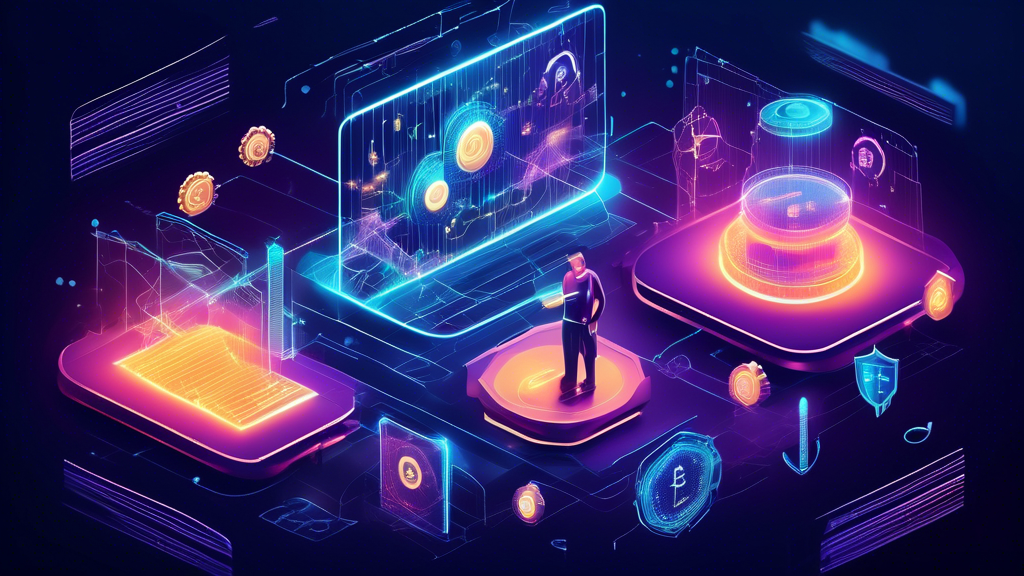 Create an image of a futuristic financial transaction scene, showcasing the impact of blockchain technology. Illustrate digital financial transfers with glowing streams of data, indicating enhanced security features with locks and shields, reduced transaction costs illustrated by coin icons shrinking, and increased efficiency represented by gears and speed lines. Include elements of real-time settlement with clocks and transparent data flowing seamlessly across decentralized ledgers. Add icons and elements that signify improved transparency, such as magnifying glasses and clear data streams. The setting should be modern, high-tech, and visually depict the financial world transforming through blockchain.