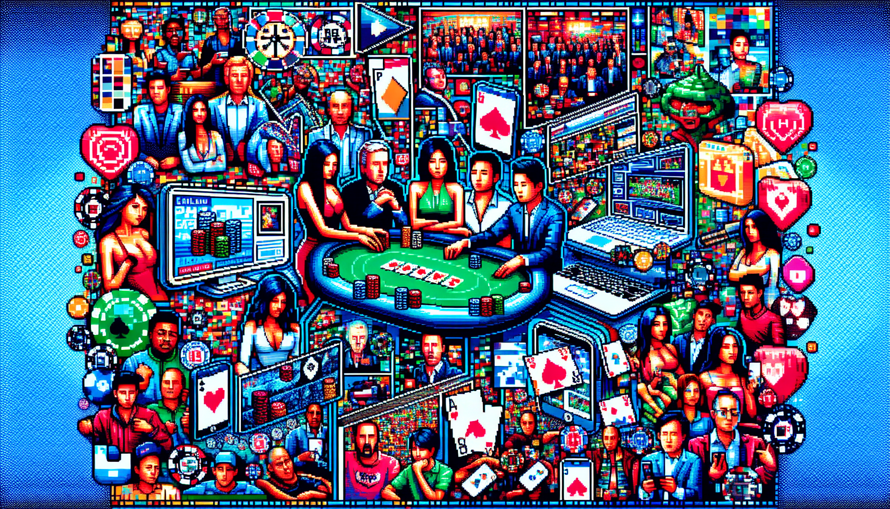 Create an image showcasing the factors driving the popularity of global poker:

**Prompt:** A vibrant collage highlighting the factors driving the popularity of global poker. Include images of online poker platforms on various devices like laptops and smartphones, scenes from major international poker tournaments with diverse players and large audiences, and media coverage featuring celebrity poker players. The collage should visually represent the dynamic and interconnected nature of global poker, complete with bright colors and energetic atmosphere.