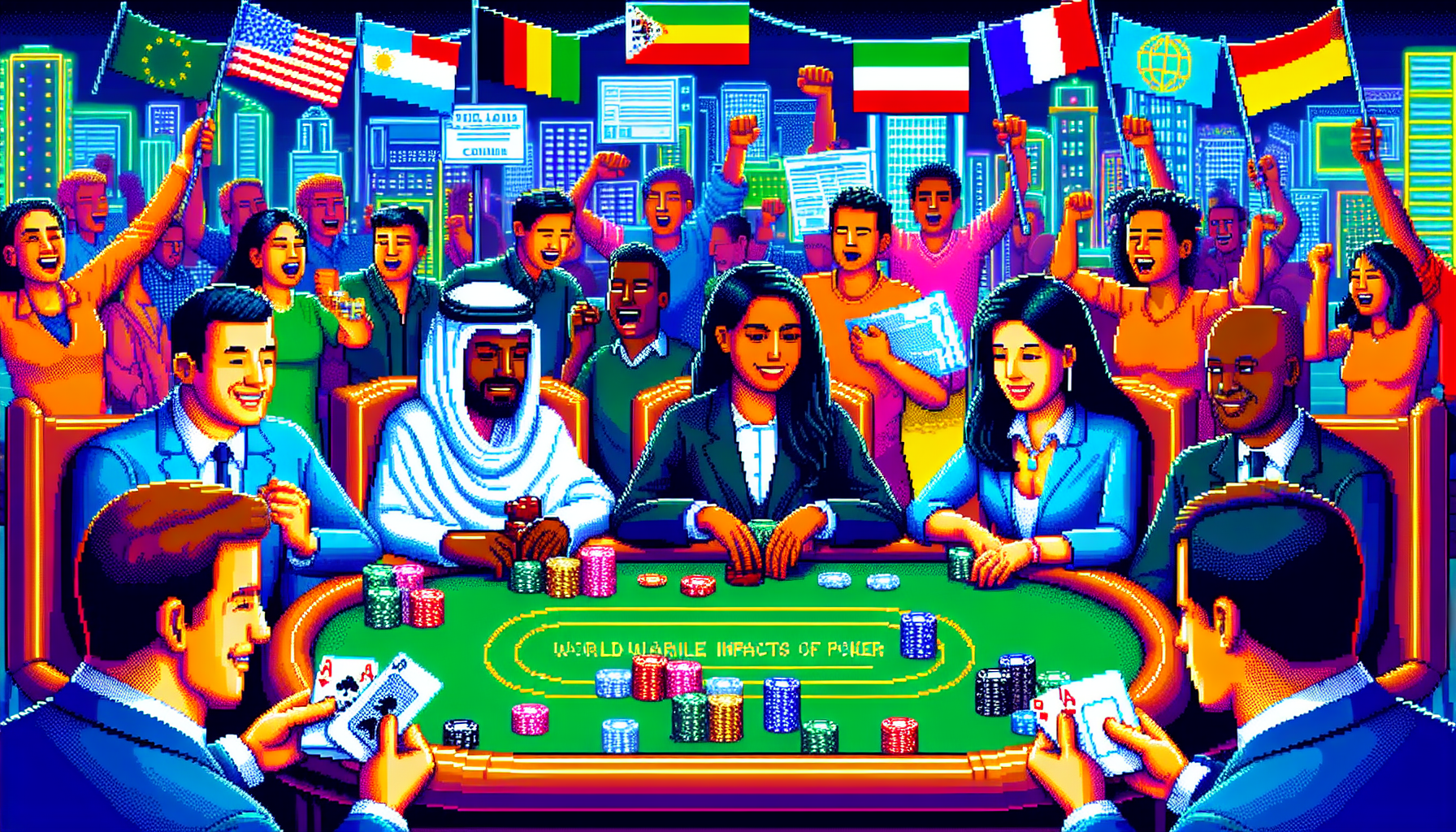 **DALL-E Prompt:**

Create an image showcasing the economic and social impacts of global poker. Illustrate a bustling poker tournament in a vibrant casino, with diverse players around a poker table, symbolizing international participation. Highlight the economic contributions with a backdrop of flourishing cityscapes and local businesses thriving, indicating local economic growth. Incorporate elements depicting the social aspect, such as friends cheering, a sense of community, and players from different cultural backgrounds interacting. Include subtle nods to regulatory and legal aspects, like small national flags or documents representing different countries