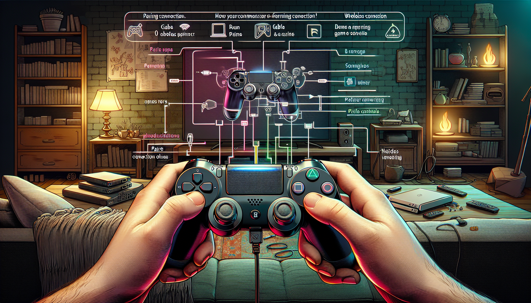 A detailed image showing the setup process of a PS4 DualShock 4 controller. The background features a cozy living room with a PS4 console and a television screen displaying the sync options. The foreground focuses on hands holding the PS4 pad, pressing the PS button to initiate pairing. An inset overlay illustrates the difference between wired and wireless connection options, with arrows pointing to a USB cable and a Bluetooth icon. Small annotations provide brief troubleshooting tips for connection issues.