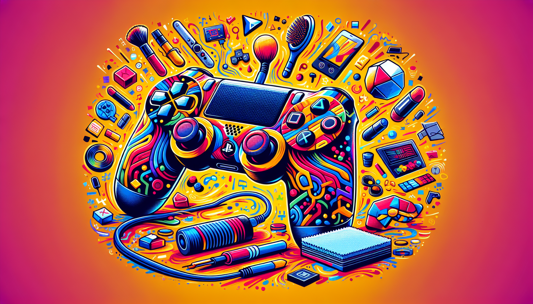 Create an image of a PS4 DualShock 4 controller against a vibrant gaming setup backdrop. The controller should appear customized, with button configurations highlighted, and the Share button and trackpad in use. Include visual cues for maintenance tools like a small brush and microfiber cloth, emphasizing the longevity and performance of the gamepad.