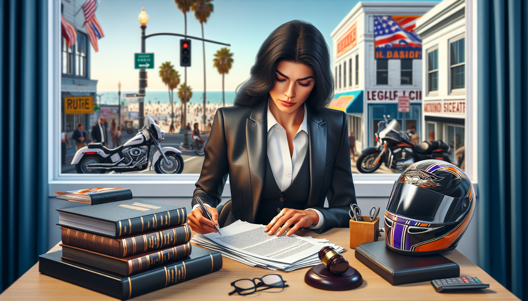 DALL-E generate an image of a professionally dressed motorcycle accident attorney in an office in Long Beach, reviewing legal documents with a serious expression, surrounded by motorcycle helmets and legal books. The backdrop features a window showcasing the bustling streets of Long Beach, emphasizing the attorney