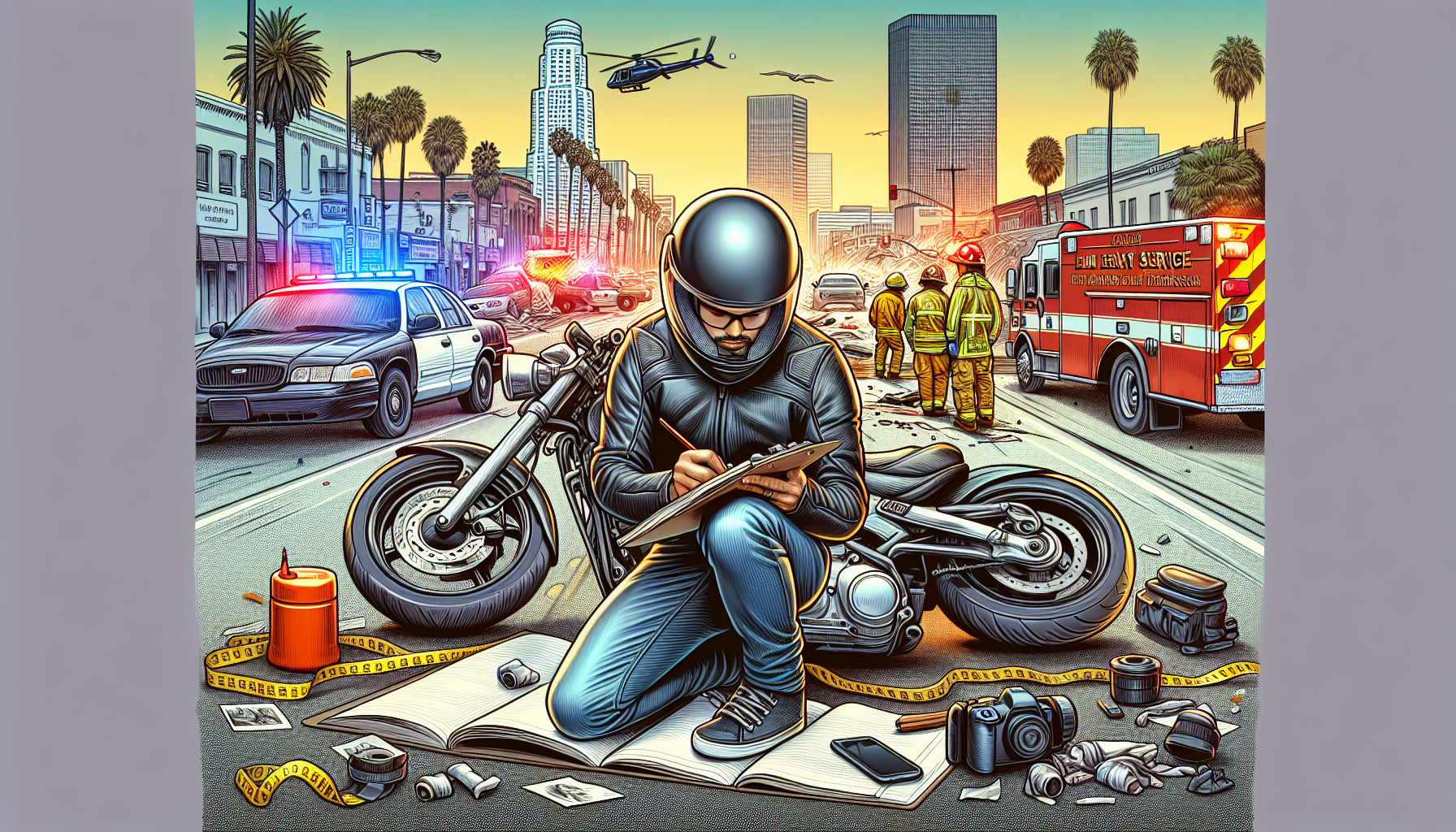 An illustrated scene showing a motorcyclist taking notes and photographs at an accident site on a busy street in Long Beach, with emergency services in the background and a visible landmark, emphasizing the importance of documenting evidence for legal purposes