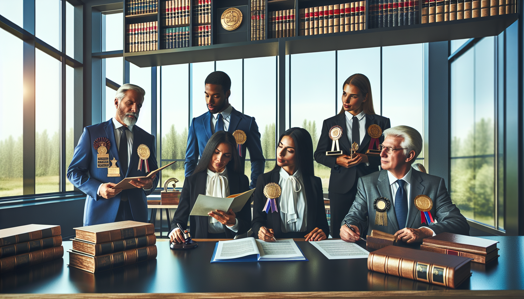 An image of a diverse group of confident legal professionals in a modern office setting, each displaying awards and certifications related to workers