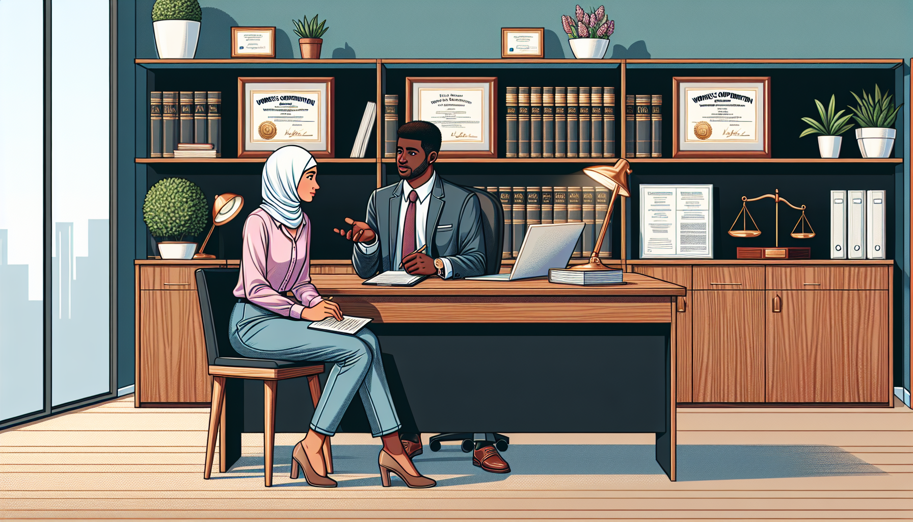 DALL-E prompt: Illustration of a potential client sitting across a desk, consulting with a top workers comp lawyer in an office setting. The room is adorned with legal books and certificates. The client is taking notes while the lawyer, exuding professionalism, explains the details of the workers