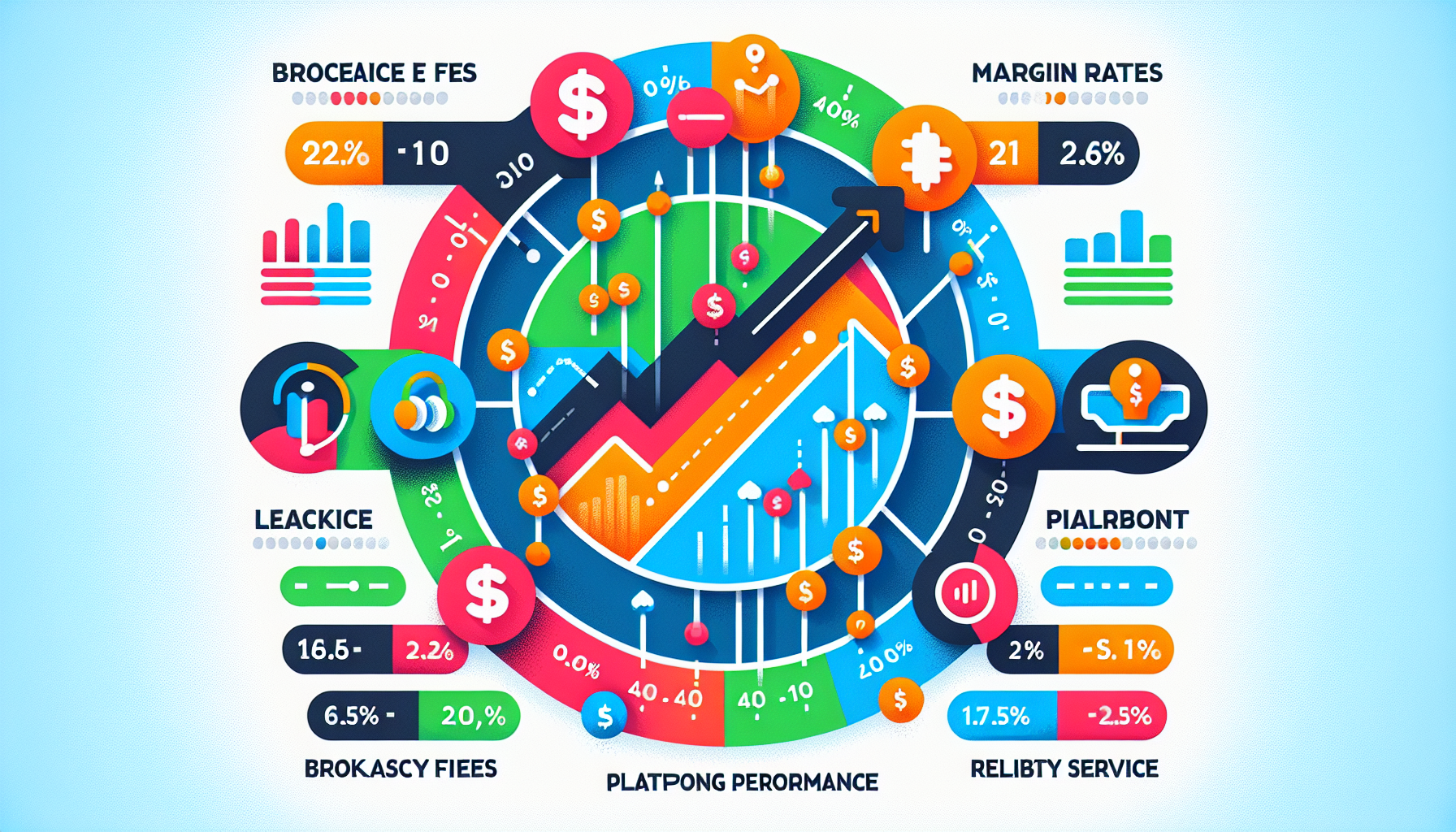 Prompt for DALL-E:

Create a comparative chart illustration showcasing the top margin brokers in the market. Highlight key aspects like brokerage fees, margin rates, platform performance, reliability, and customer service. Use icons and graphics to represent different features such as a dollar sign for fees, a graph for platform performance, and a headset for customer service. Make the visual professional and easy to understand.