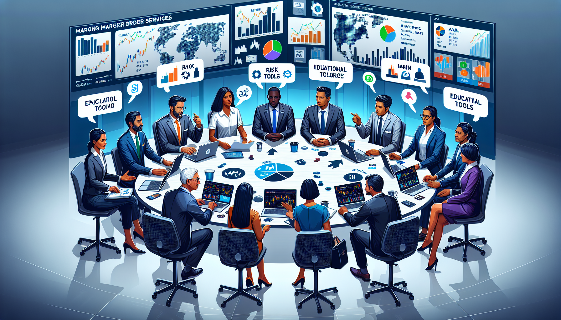 Create an image that shows a group of diverse investors sitting around a table, actively discussing and evaluating different margin broker services. The scene should include various charts, documents, and laptops displaying broker platforms. Each investor has speech bubbles with icons representing investment goals, risk tolerance, educational tools, and market research resources. The setting should feel collaborative and professional, emphasizing the idea of choosing the best margin broker for personal investment strategies. Include a background with financial graphs and stock market trends to highlight the investment context.

Keyword: best margin broker.