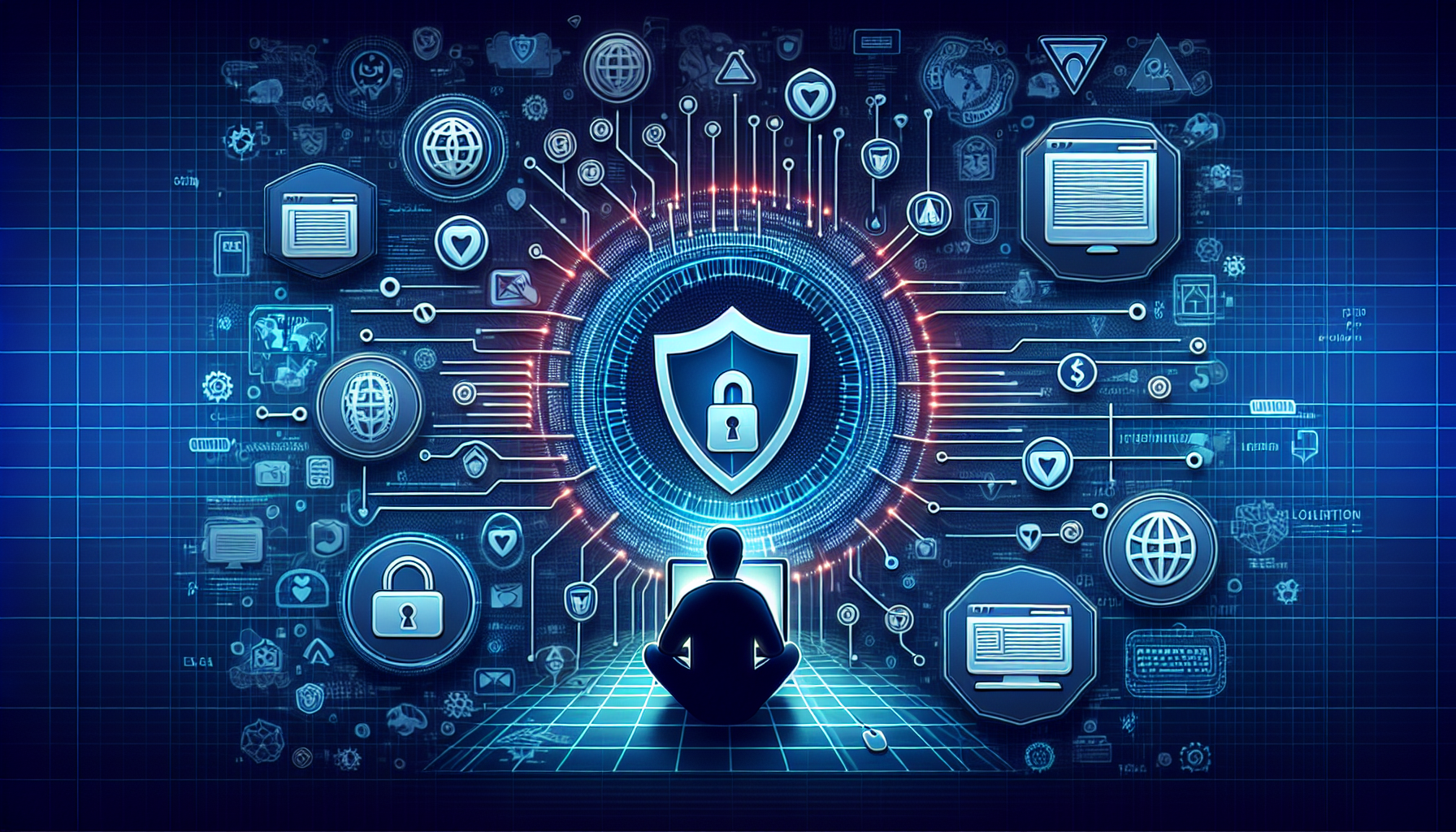 Create an image that visually represents the benefits of using Hola VPN for secure and private browsing. Depict a digital network map with encrypted data lines, shield icons symbolizing security, and a user in a relaxed state browsing the internet. Include Hola VPN logos subtly integrated within the network. The background should feature iconic websites and potential threats being blocked to highlight the protective aspect.