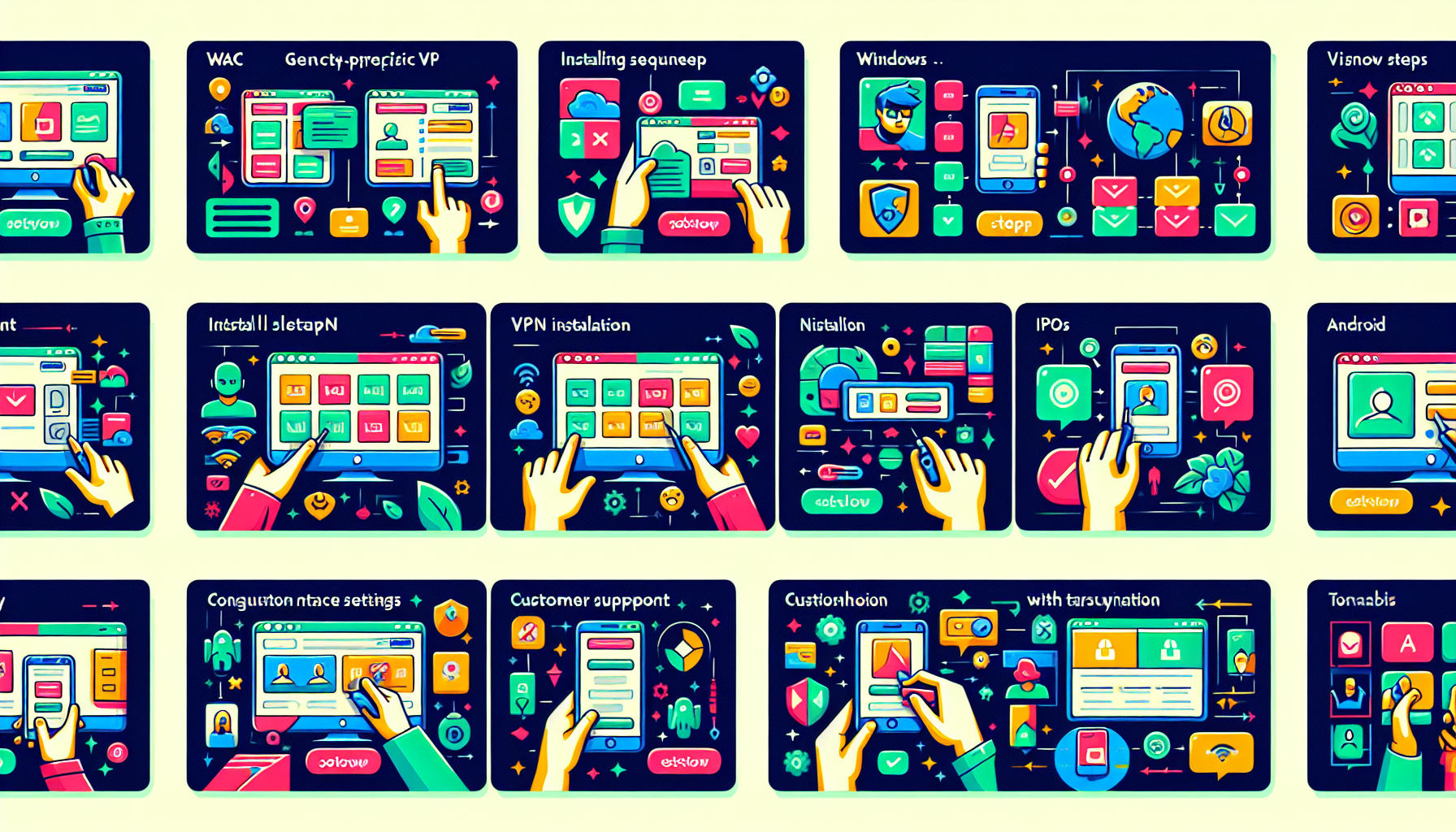 Create a detailed illustration showing the steps to install and configure Hola VPN on various devices like Windows, Mac, Android, and iOS. Show visual aids for each step with icons of the devices and screenshots of the installation process. Include elements such as settings navigation, customization options, and a customer support icon to indicate help for troubleshooting common issues.