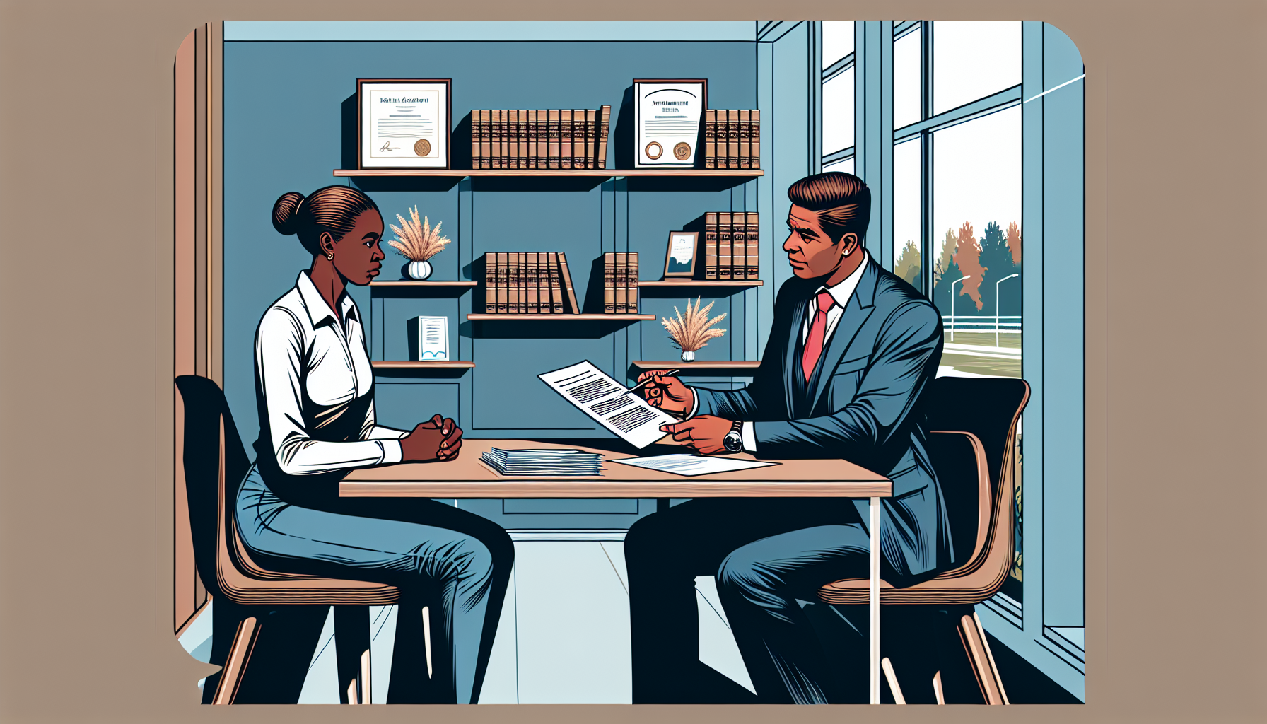 Prompt: Illustrate a professional consultation scene at a spacious, modern law office, where a potential client, a middle-aged person with visible injuries, is attentively listening to a highly experienced injury attorney. The lawyer, confident and compassionate, is explaining documents and fee structures during their initial meeting. The office is well-lit, with legal books and certificates prominently displayed, conveying trust and expertise.