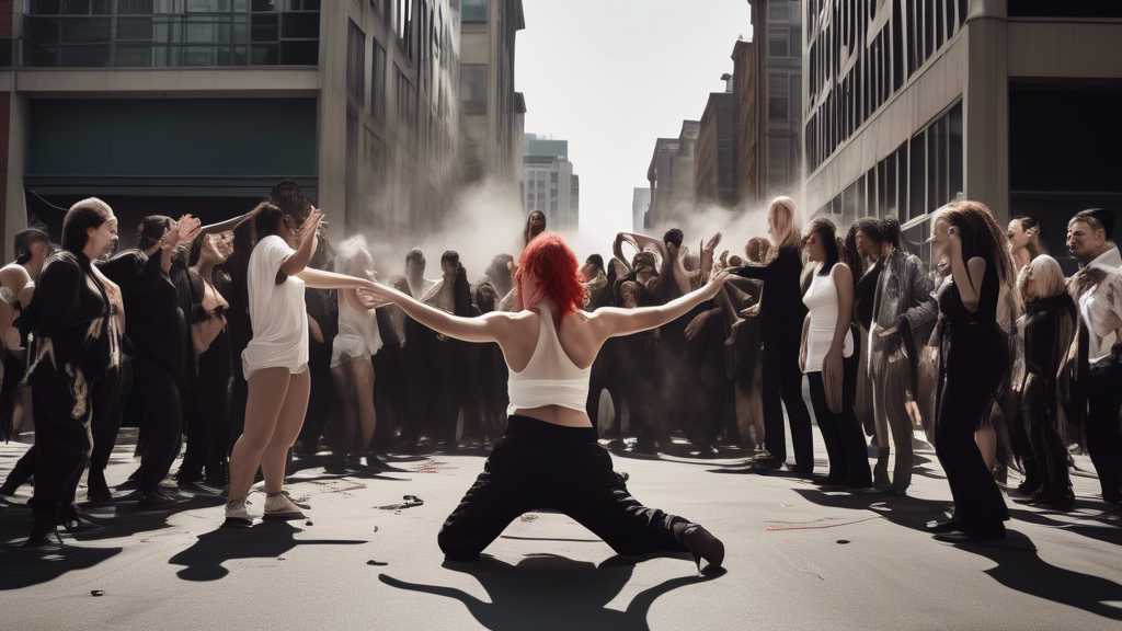 Create an image depicting a powerful moment of a performance art piece taking place in an urban setting. The scene should show an artist challenging societal norms through a provocative and emotive act, surrounded by a diverse audience reacting with a mix of shock, reflection, and engagement. The backdrop should feature iconic city architecture and subtle references to social issues being addressed, highlighting the impact of performance art on society and culture.