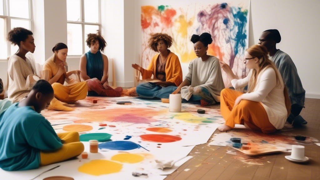 A DALL-E prompt for an image that relates to the third point of the outline (The Therapeutic and Educational Benefits of Performance Art) would be:

Create an image depicting a diverse group of people engaging in a performance art therapy session. The setting should be a bright, welcoming room with soft, natural lighting, filled with various artistic materials like paint, costumes, and musical instruments. Participants should be expressing emotions through dance, painting, and acting, guided by a compassionate therapist. In another part of the room, show students in a classroom setting, actively participating in a performance art exercise, with an enthusiastic teacher leading the way. Capture the sense of healing, learning, and emotional expression throughout the scene.