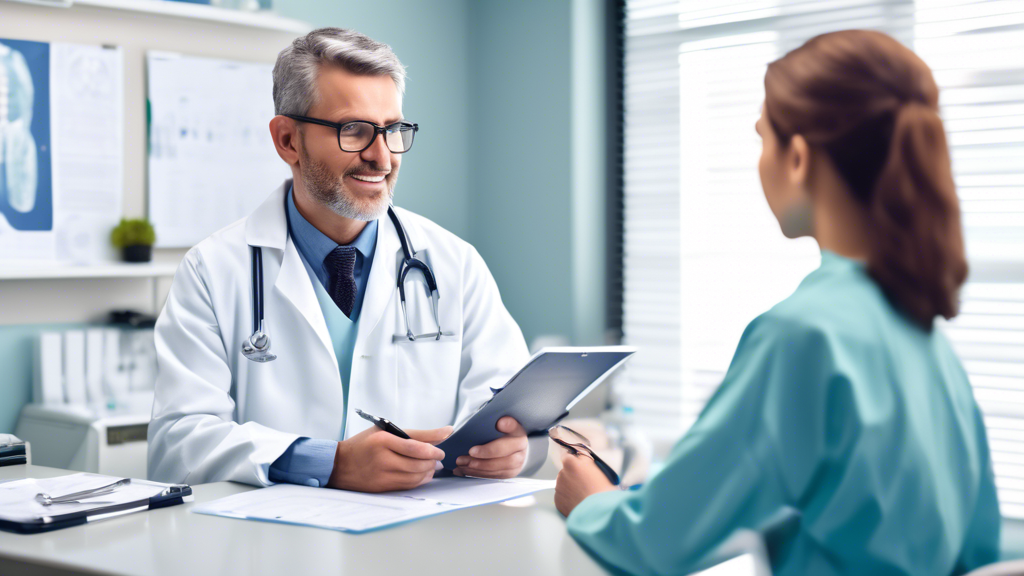 Create an image showing a patient sitting in a bright and welcoming medical examination room with a friendly DOT certified doctor. The doctor is explaining the DOT physical exam process using a clipboard and a chart in the background displaying common assessments and tests. The patient looks attentive and prepared, holding necessary documentation like medical history papers. Emphasize a professional yet approachable atmosphere, reflecting the thorough and supportive nature of the appointment.
