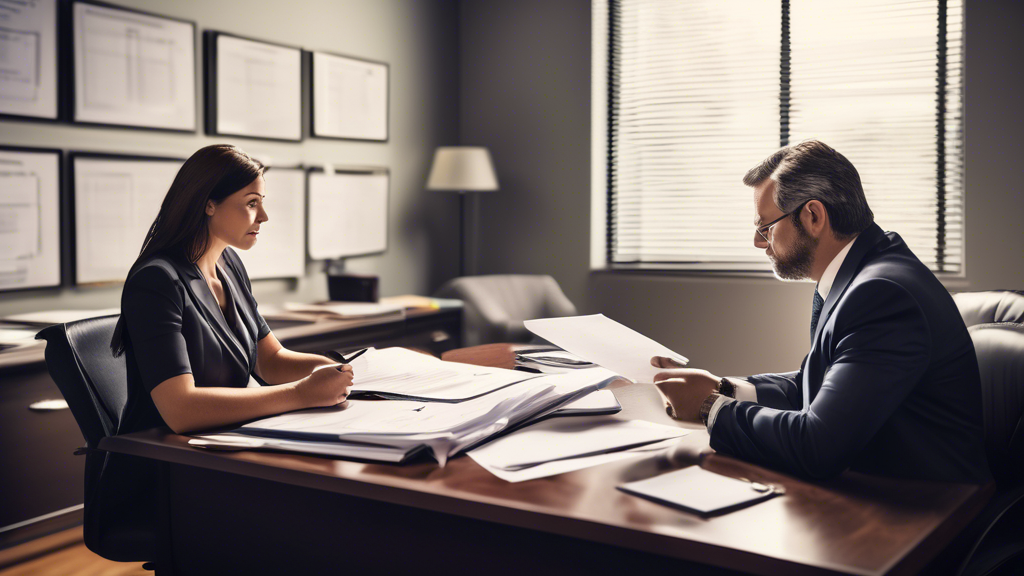 Create an image of an initial consultation between a client and an auto accident attorney. The attorney is sitting at a desk in a well-organized, professional office, engaging in a friendly and informative conversation with the client. On the desk are open folders, legal documents, and a notepad. The client is shown asking thoughtful questions while taking notes. Thought bubbles or text overlays can display questions such as What is your track record with auto accident cases?, Can you explain your fee structure?, and How will we communicate throughout the case? The overall atmosphere should be one of confidence, professionalism, and clear communication.