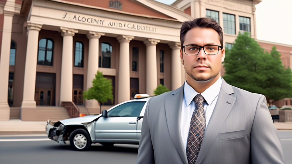 **DALL-E prompt:** A confident auto accident attorney in a professional suit, standing next to a local courthouse with a car accident scene in the background. The setting highlights local landmarks and street signs to emphasize the attorney
