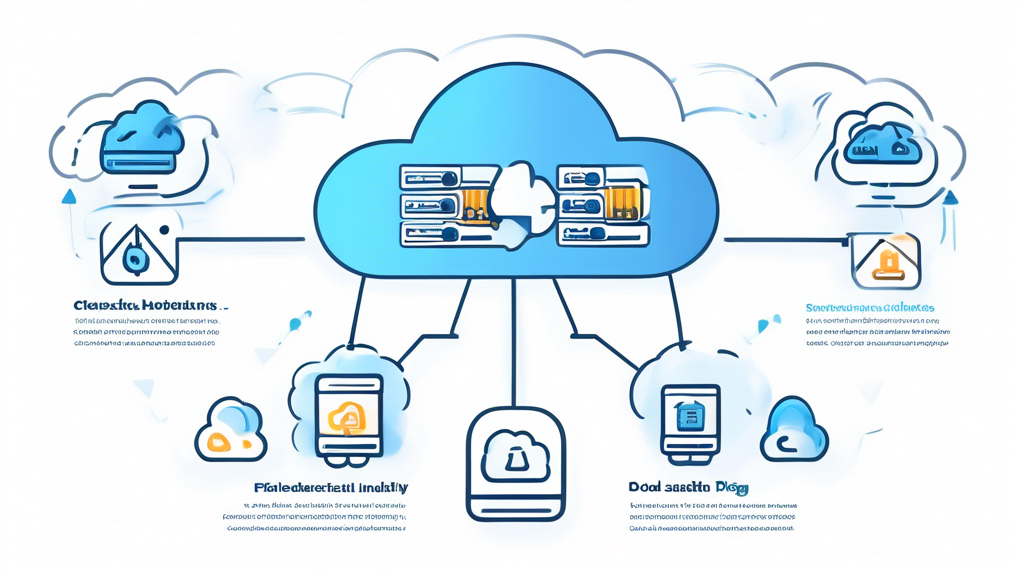 Create an image illustrating the main benefits of cloud hosting. The visual should depict interconnected servers forming a scalable, flexible cloud structure, symbolizing adaptability. Include graphical representations of cost-saving elements like breaking piggy banks or dollar signs. Additionally, show reliability and outage protection with icons like shields and checkmarks, indicating high availability and dependable infrastructure. Use a modern, sleek design with tech-themed colors like blue and white to convey a sense of advanced technology and innovation.