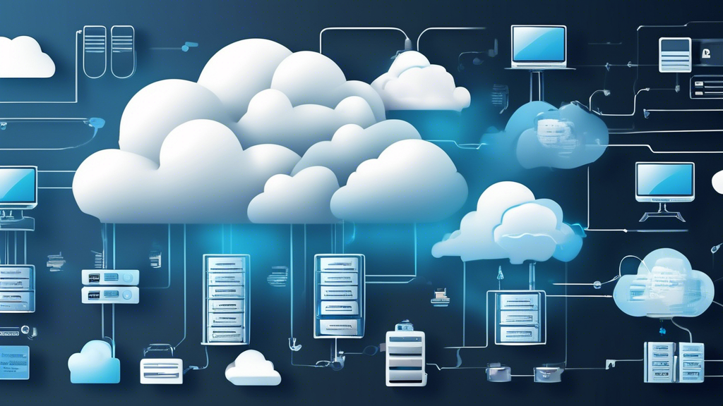 Create an image that showcases the advantages of cloud hosting in enhancing IT infrastructure. Illustrate how cloud hosting improves performance and user experience with dynamic graphs and visual data, highlights enhanced security through advanced security protocols and measures, and includes visual examples or case studies of successful companies that transitioned to cloud hosting. Depict a modern, futuristic IT environment with cloud servers, secure data transfer, and satisfied users. Use colors like blue and white to evoke a sense of technology and security. Keywords: cloud hosting, IT infrastructure, improved performance, advanced security, success stories.