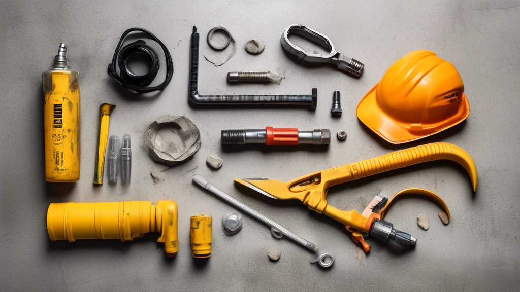 DALL-E prompt for an image related to outline point #2:

A flat lay image of essential tools and materials for DIY sewer drain repair, including a pipe wrench, plumbing snake, safety goggles, rubber gloves, PVC pipes, pipe couplings, and a waterproof flashlight, arranged neatly on a concrete background.