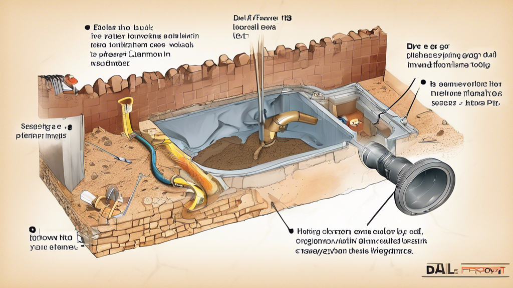 DALL-E prompt for an image related to outline point #3:

A detailed illustration showing a homeowner performing DIY sewer drain repair, with a cross-section view of the ground revealing underground pipes. The image should include the homeowner using a plumbing snake to clear a clog, alongside common tools like a pipe wrench and shovel. In the background, show a labeled diagram of different sewer drain repair techniques.