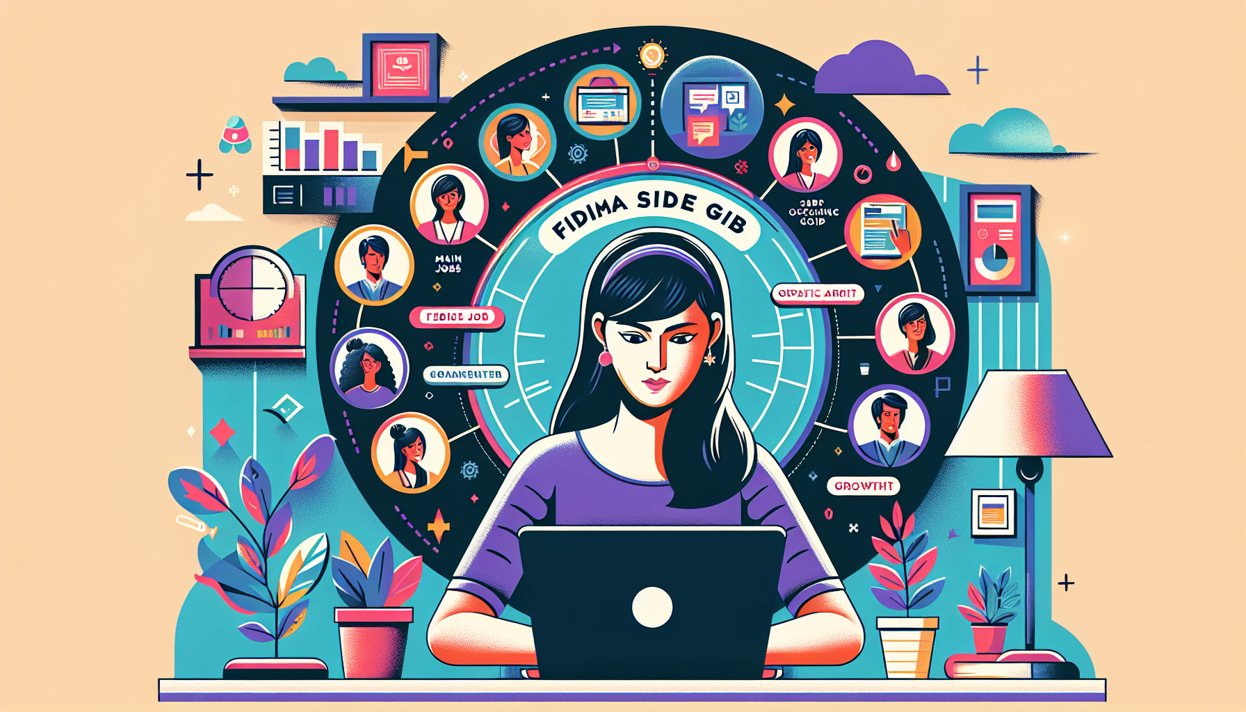 Prompt for DALL-E:

Create an illustration showing a person effectively balancing a primary job and a side hustle. The person is sitting at a desk in a home office setting, with a laptop open to a job search website. Surrounding the person are icons and symbols representing different skills and side jobs, like freelance writing, graphic design, and tutoring. Include a clock showing time management and snippets of successful side hustle stories, like framed testimonials or growth charts in the background. The overall vibe should be motivational and encouraging for those looking to find and excel in the best side jobs.”

Keyword: best side jobs