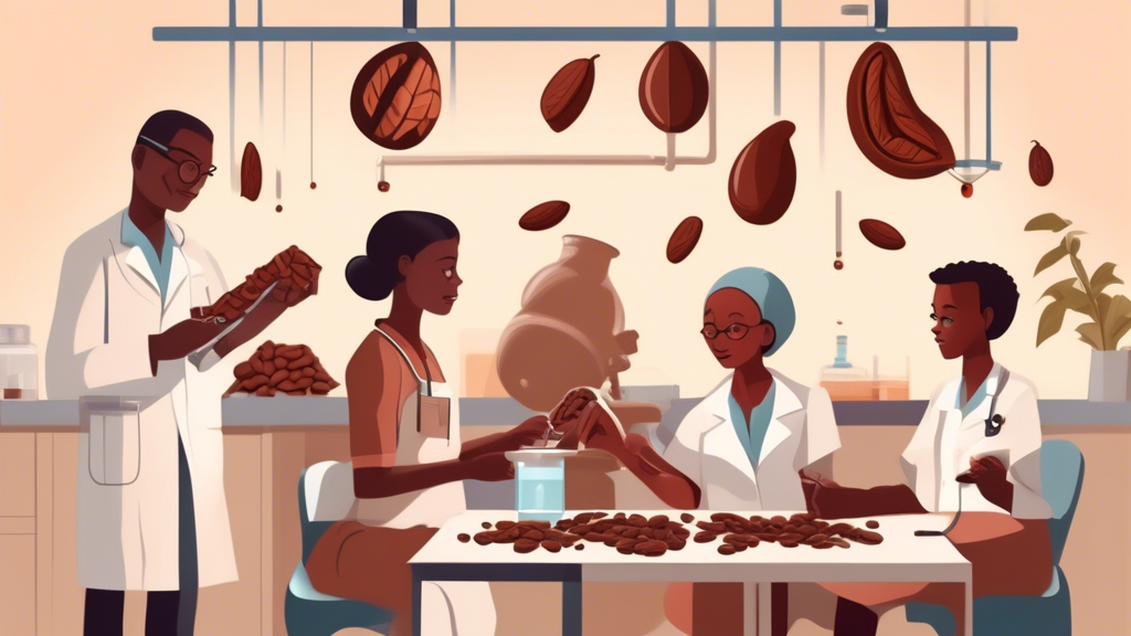 DALL-E prompt: Create an artistic image showcasing the health benefits of cocoa. The scene includes a serene backdrop with scientists conducting research in a modern laboratory, examining cocoa beans. To the side, an infographic highlights key findings such as decreased hypertension, improved heart function, mood enhancement, and cognitive benefits. Include visual representations of improved mental health and cardiovascular health surrounding the laboratory scene, all infused with elements of cocoa beans and chocolate.