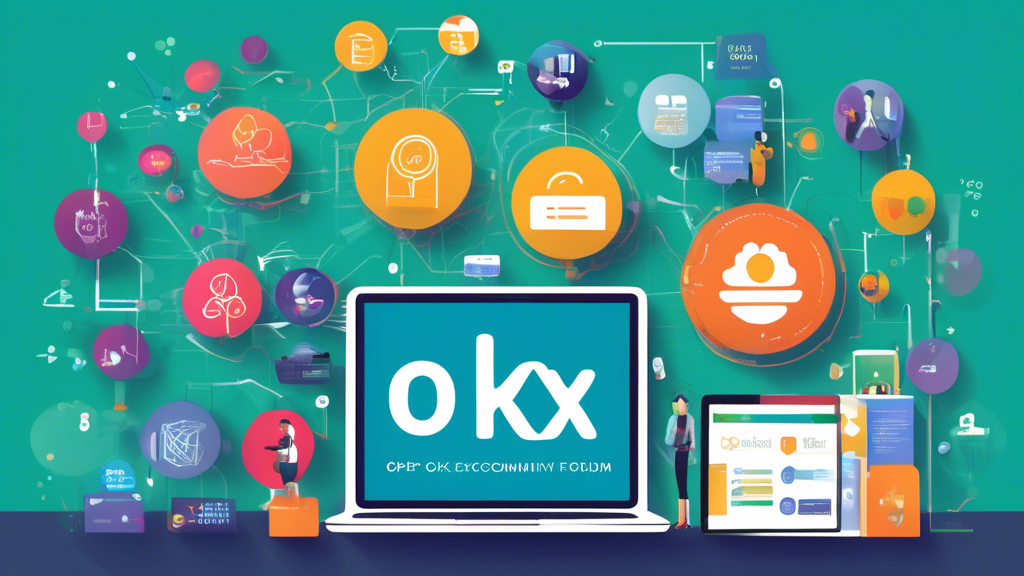 Create an image showcasing various elements of the OKX ecosystem. Highlight a laptop screen displaying educational resources on the OKX website, a smartphone with the OKX mobile app open, and a community forum on another device. Surround these elements with icons representing APIs, trading charts, and supportive community members sharing insights. The overall vibe should be collaborative and tech-savvy.