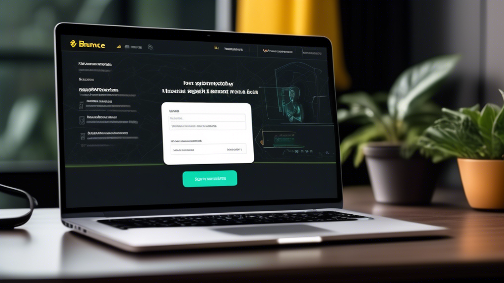 Create an image showing a user-friendly interface of a laptop screen displaying the Binance registration page. The scene should include a person sitting at a desk, focused on completing the registration process. Highlight key details like entering personal information, uploading identification documents for KYC (Know Your Customer) verification, and setting up two-factor authentication (2FA) for added security. Surroundings should emphasize a secure and modern workspace, reinforcing the importance of account security. Keywords: cryptocurrency exchange, Binance, account registration, identity verification, security setup.