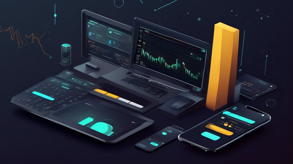 Create an illustration for Operaciones en Binance: Cómo Realizar Transacciones de Criptomonedas. The image should depict a user interface on a computer screen showing a Binance trading dashboard with charts and graphs. Include elements like digital wallets, deposit icons, buy and sell buttons, and visual representations of transaction fees. The setting should be a modern, tech-savvy workspace with a person actively engaging with the Binance platform, illustrating the process of cryptocurrency transactions.