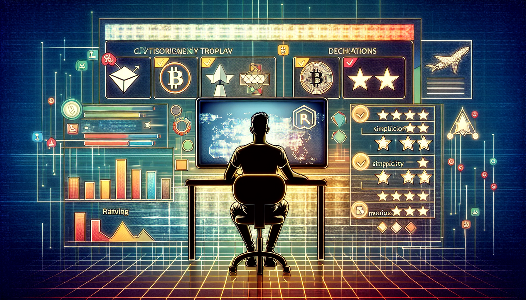Create an image illustrating the process of choosing the best crypto trading demo account. Show a person at a computer screen displaying several cryptocurrency trading platforms, with checklists and comparison charts beside each platform. Include elements like logos of popular crypto trading platforms, rating stars, and user interface screens to depict criteria such as ease of use and features. The background should have digital elements like graphs, charts, and cryptocurrency icons to emphasize the trading aspect.