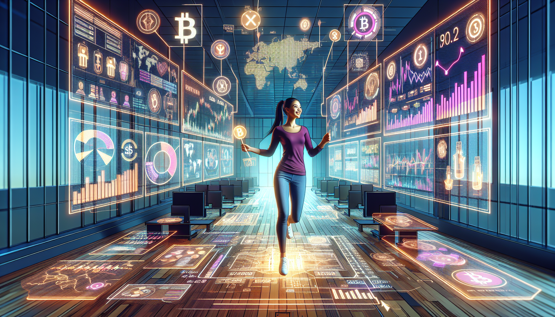 Create a highly detailed digital illustration showing a young, enthusiastic crypto trader practicing on a demo account. The trader is surrounded by floating digital screens displaying various trading strategies and charts. Highlight the transition from demo account to real trading with a visual representation of minimized risk, such as a gradual increase in confidently managed investments. The setting should be bright and modern, emphasizing a sense of optimism and learning.
