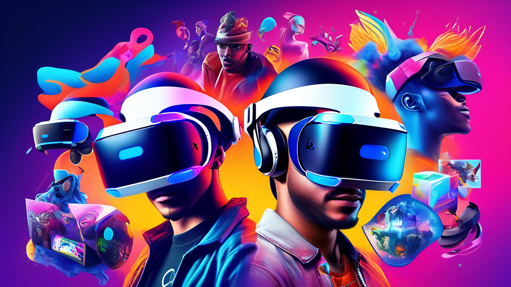 Create an image showcasing a vibrant and diverse collection of games available for PS VR 1, with some prominent game covers surrounding a PS VR 1 headset. Highlight the compatibility with PlayStation 4 and PlayStation 5 consoles by including their logos. Illustrate a sense of future excitement with symbols or elements representing ongoing developer support and new game releases for the system.