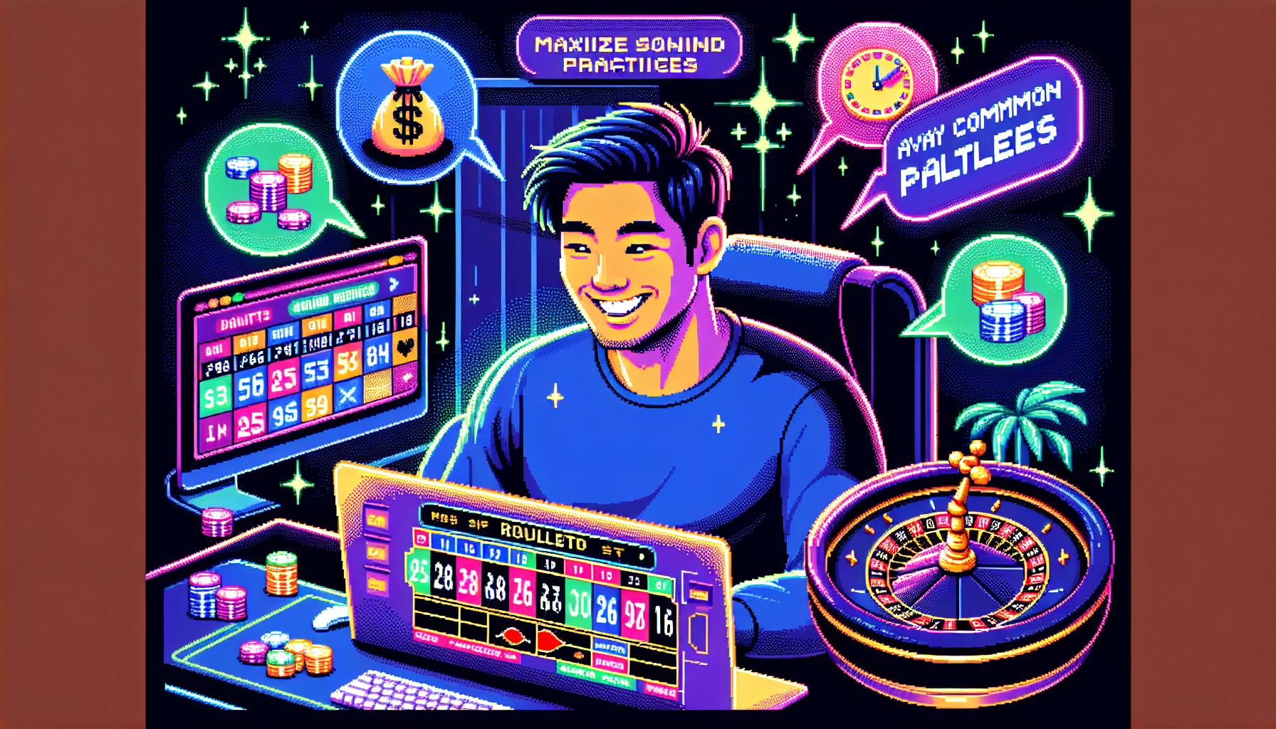 Create an image of an online roulette enthusiast sitting at a computer, with a roulette wheel on the screen. The person is smiling and surrounded by helpful tips displayed in speech bubbles: ‘Maximize Bonuses,’ ‘Stay Disciplined,’ and ‘Avoid Common Pitfalls.’ The background features a vibrant online casino setting with digital chips, playing cards, and a sense of excitement. Keywords: online roulette, expert tips, bonuses, discipline, pitfalls.