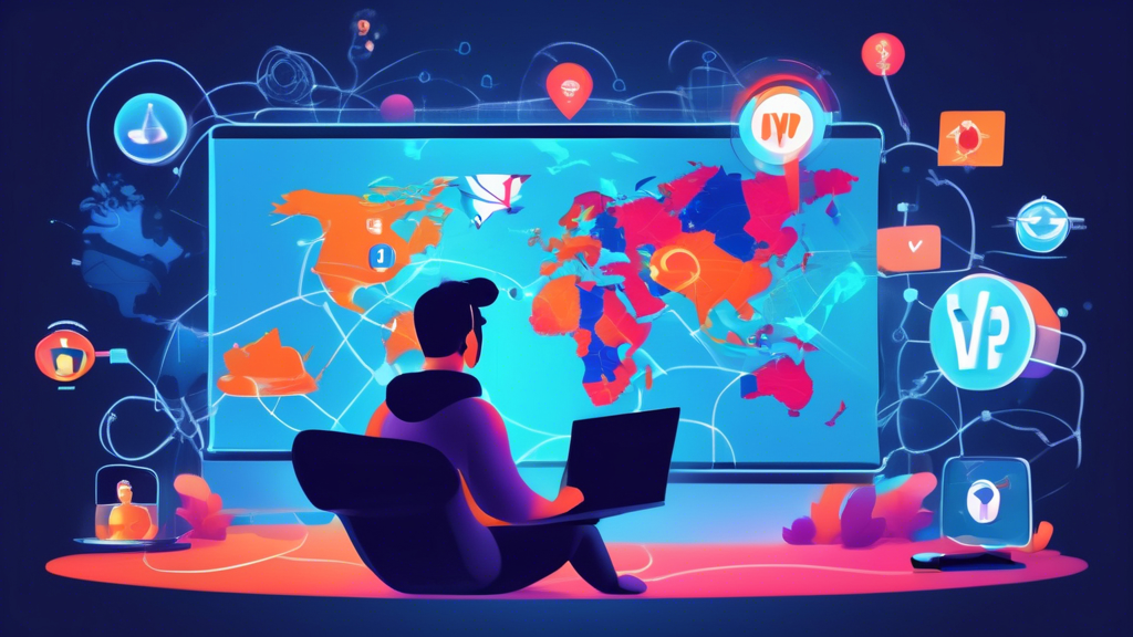 Create an image of a person comfortably watching TV on their laptop while connected to a VPN, with icons representing VPN, proxy servers, and Smart DNS floating around. Highlight a world map in the background with various digital connections showing the bypassing of geo-restrictions. Make the scene vibrant and modern, emphasizing the convenience and accessibility of using these top methods to unblock online TV and access favorite shows.
