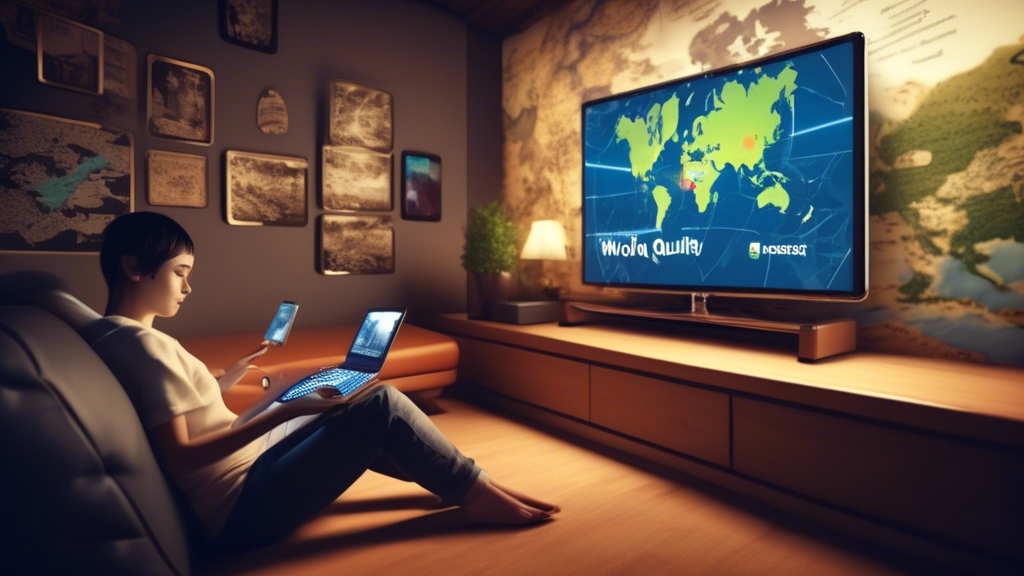 **DALL-E Prompt:**

Create an image that visually represents tips for maintaining access and enhancing streaming quality for unblocking online TV. The scene should include a person sitting comfortably on a couch, watching TV with a variety of global content on the screen. Surround the person with symbolic icons for choosing the right server location (world map with a location pin), speed optimization techniques (speedometer), and ensuring a consistent and secure connection (shield with a checkmark). The background should hint at a cozy, tech-savvy environment with subtle indicators of a strong internet connection, such as a glowing Wi-Fi symbol and Ethernet cables.

Keyword: unblock online tv.