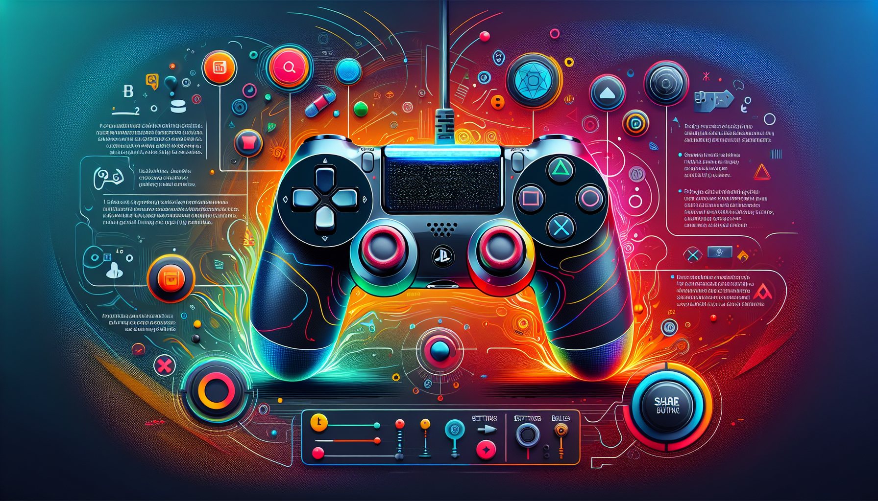 A PS4 DualShock controller floating amidst a vibrant gaming background, with highlighted elements showing customizable button assignments for different game genres like shooting, racing, and sports. The Share button is prominently displayed, and a side panel showcases settings icons for advanced adjustments like trigger sensitivity and dead zone configurations.