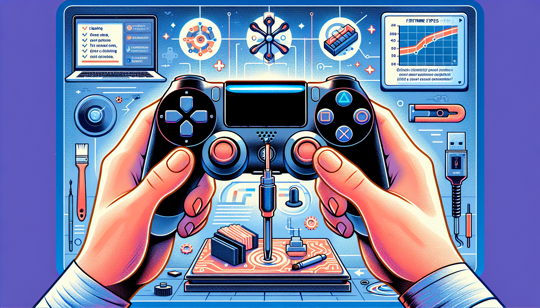 Create an image that shows a PS4 DualShock Controller being maintained and troubleshooted. The scene should include a person’s hands cleaning the controller with tools like a small brush and cloth. Display a close-up of the controller, highlighting areas prone to common issues such as the analog sticks. Include visual pop-ups or infographics showing quick fixes for connectivity problems and drift issues. Additionally, depict a computer screen in the background showing a progress bar for a firmware update.