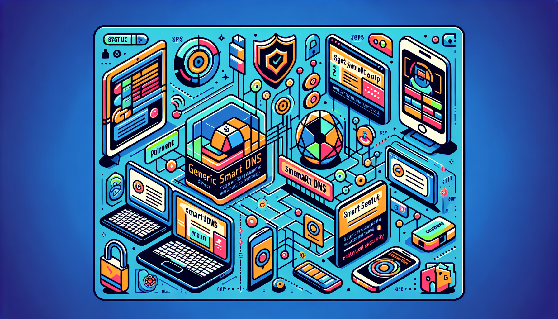 Create an illustration depicting a step-by-step guide on implementing Smart DNS using IPVanish. The image should show a multi-device setup including a laptop, smartphone, and smart TV, each displaying setup screens. Also, include visual elements of a user-friendly troubleshooting interface and a security shield symbol to signify enhanced online security practices. Use a clean, modern design with clear, labeled steps to ensure easy understanding.