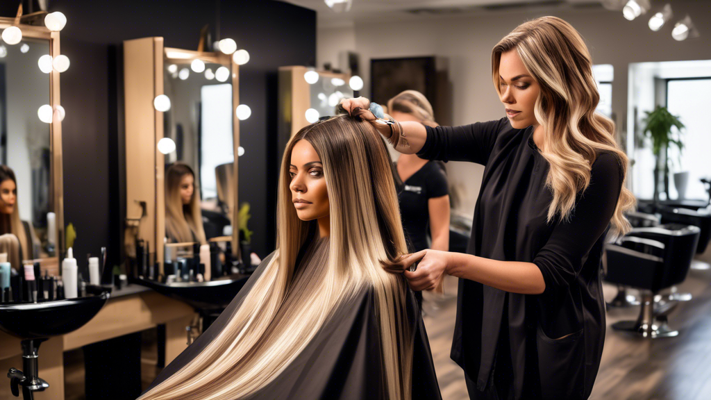 A salon interior with a stylist demonstrating different highlighting techniques on various models, each with distinct hair types. The scene includes a model receiving balayage highlights, another undergoing a foiling process, and a third with an ombre effect being applied. Each model showcases black, brown, and blonde highlights, beautifully blended to illustrate the different methods. The stylist is explaining the techniques and the most flattering highlight placements while surrounded by hair tools and products. The setting is modern and chic, reflecting the trendy appeal of these hair transformations.