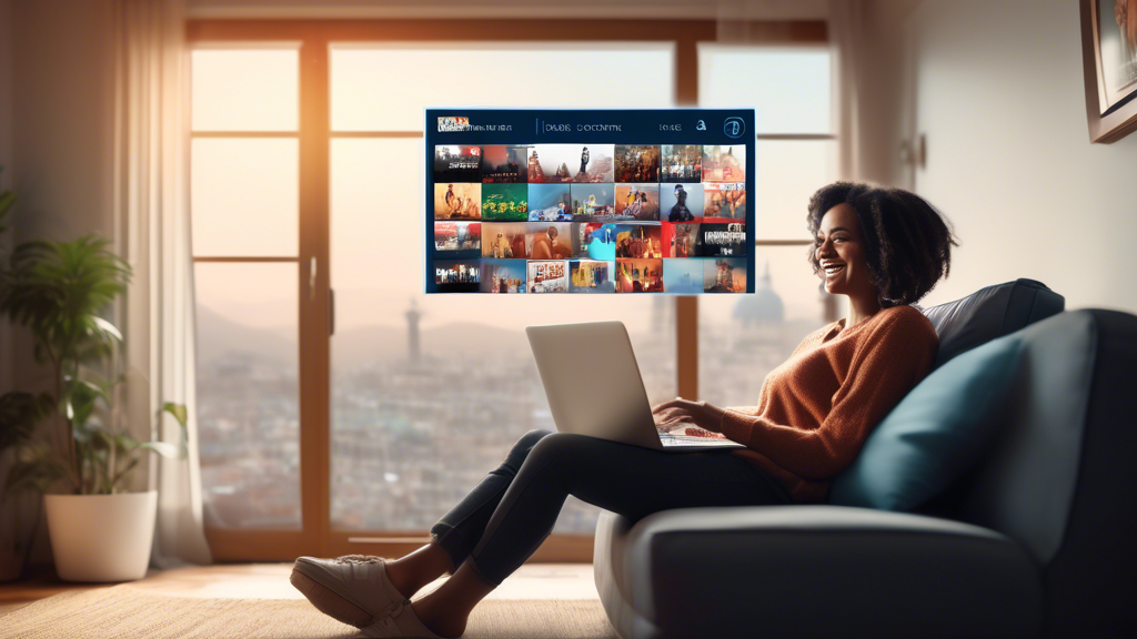 A person sitting comfortably on a couch, using a laptop with a wide, delighted smile while streaming a popular movie or show. The scene outside the window shows a different country’s landmark to indicate geographical transformation. A pop-up message on the laptop screen highlights 