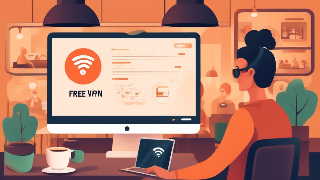 Create an image depicting the use of a free VPN service to protect privacy on public Wi-Fi networks. The image should show a person sitting in a coffee shop, using a laptop connected to a public Wi-Fi network. On the screen, a notification or icon should indicate that a free VPN service is active. Surroundings should include other people on laptops and mobile devices, emphasizing the busy, public environment. Add visual elements such as encrypted data streams or shields to symbolize data protection and privacy.