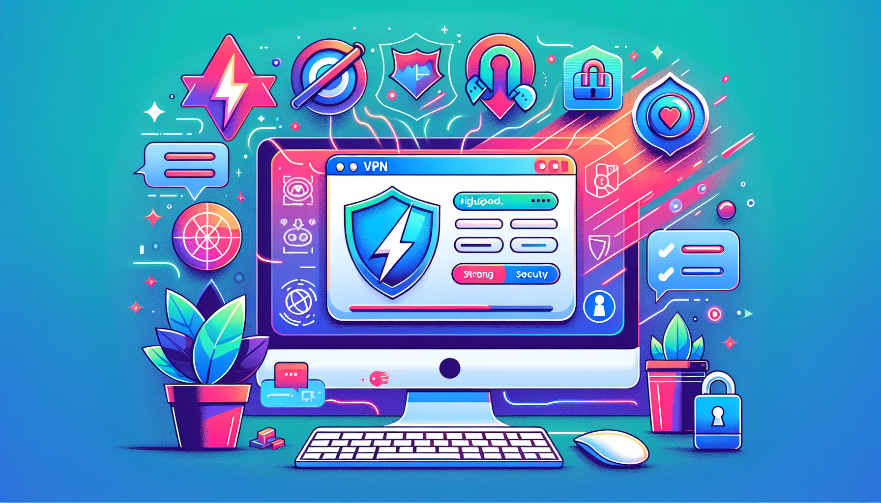 Create an image that features a friendly user interface of a VPN application on a PC screen. The screen should show options for easy configuration and a clear menu. Surrounding the PC, include icons or symbols representing high speed, strong security (like a shield), privacy (like a lock), and various operating systems (like Windows, macOS, and Linux logos). Also, depict a live support chat bubble symbolizing technical support. Make the background modern and tech-focused to convey the advanced capabilities of the VPN service.